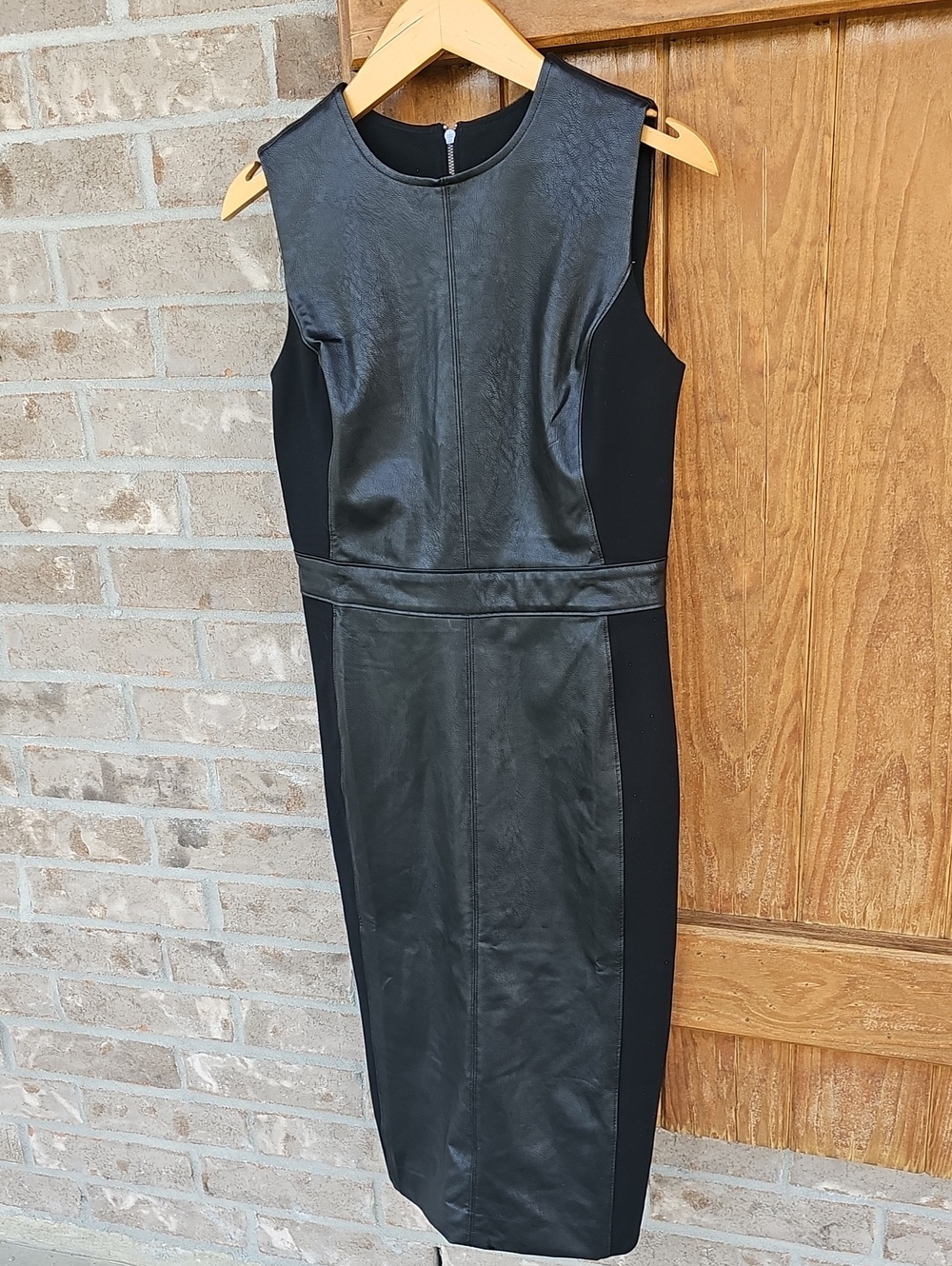 SPANX Black Faux-Leather Panel Midi Sheath Dress